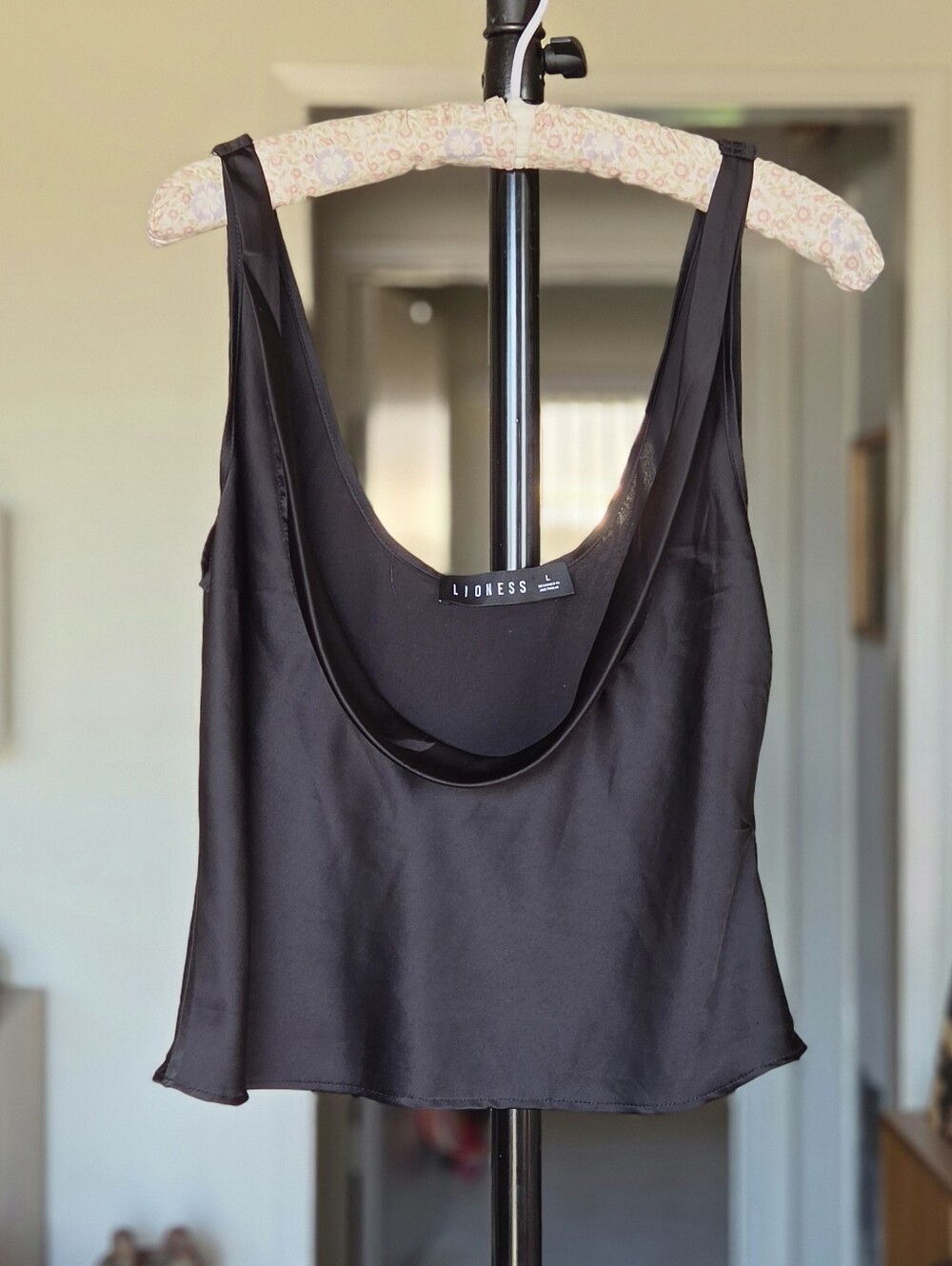 Lioness Black Satin Draped Cowl Crop Tank